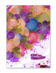 Floral card. Business artworks with watercolor splash. Doodle background for web, printed media design. Banner, business card, flyer, invitation, greeting card, postcard.