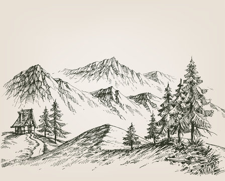 Nature drawing, a hut in the mountains