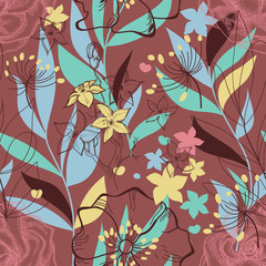Retro floral seamless pattern. Colorful plants background