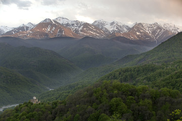 Mountain landscape with the old church, Russia, Caucasus.