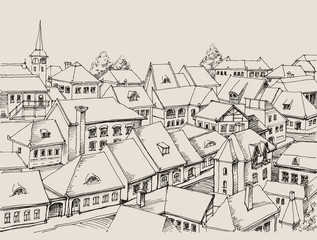 Obraz premium House roofs drawing, small cityscape
