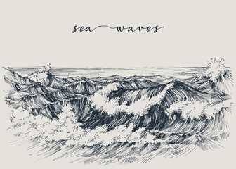 Sea or ocean waves drawing. Sea view, waves breaking - 113975536