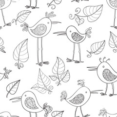 Seamless pattern of hand-drawn funny birds. Vector graphics.
