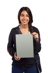 young smiling happy student girl holding a card