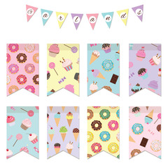 Bunting flags set for birthday party design. Patterns are added in swatches.