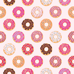 Seamless pattern with glazed donuts. Pink colors. Girly.