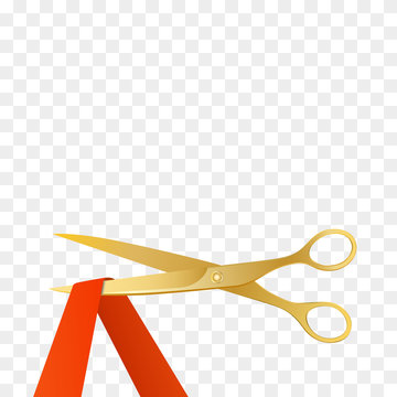 Grand Opening Celebrities Illustration With Gold Scissors And Red Ribbon Isolated. Vector