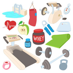 Fitness icons set, cartoon style