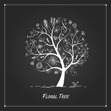 Art floral tree for your design on black background