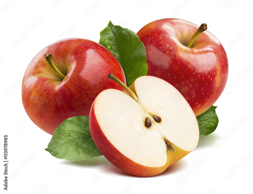 Wall mural 3 red apples half isolated on white background as package design element