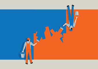 Two workers painting a wall - bad collaboration