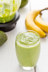 Absolutely Amazing Tasty Green Avocado Shake, Made with Fresh Avocados, Banana, Lemon Juice and Non Dairy Milk (Almond, Coconut) on Light White Wooden Background, Raw, Vegan Drink Conception, Close-up