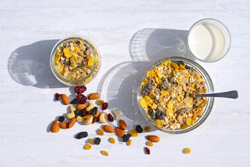 A healthy breakfast with cereal muesli, milk and nuts