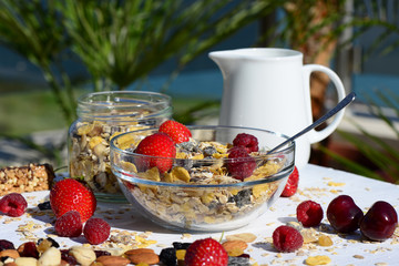 A delicious and healthy breakfast in the garden of muesli with milk, nuts, berries