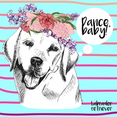 Vector close up portrait of labrador retriever in floral wreath. Hand drawn domestic pet dogl illustration. Isolated on ocean blue background with pink strips.