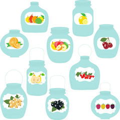 Jars set, label with fruits and berries, vector illustration