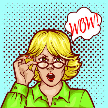 Wow bobble pop art surprised woman face in glasses with open mouth