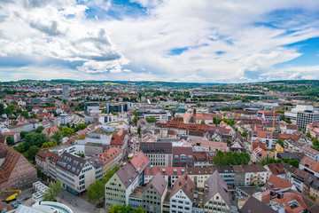 Fototapeta na wymiar Ulm and Danube river bird view, Germany. Ulm is primarily known for having the tallest church in the world, and as the birth city of Albert Einstein.