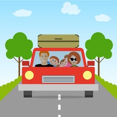 Family goes on vacation. Vector illustration. There is a mother and a father with children in a car on the picture