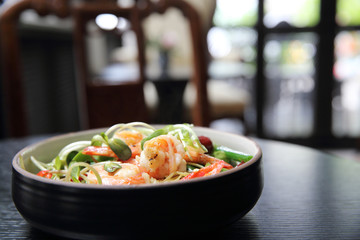 Chinese food shrimp and green vegetable with noodles