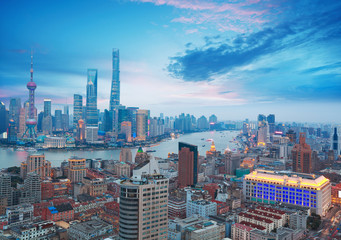 Fototapeta na wymiar Aerial photography at Shanghai bund Skyline of dusk