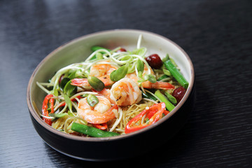Chinese food shrimp and green vegetable with noodles