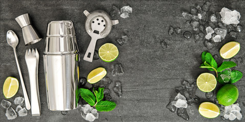 Bar accessories. Ingredients cocktail cold drink lime mint ice