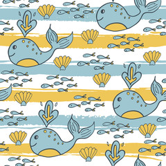 Summer seamless pattern on striped background