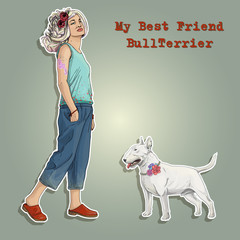 Young girl color hair with best friend bullterrier