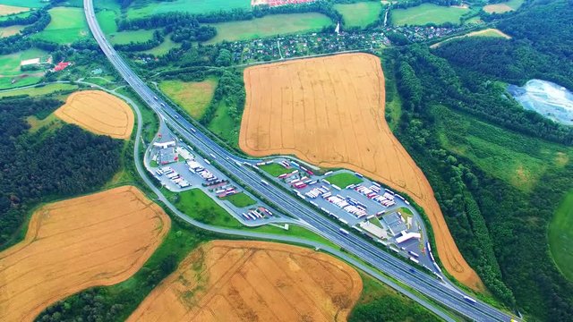 Aerial view of highway D5 gasoline station with parking nearby Pilsen, Czech republic, Central Europe. Transportation concept. 