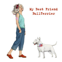 Young girl color hair with best friend bullterrier