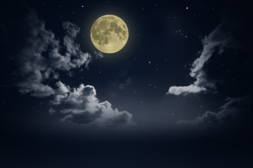 Plakat Beautiful magic blue night sky with clouds and fullmoon and stars
