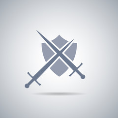 Shield and sword icon,shield and sword silhouette with shadow