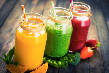 Healthy fruit and vegetable smoothies in the jar 