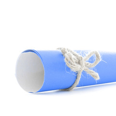Handmade natural cord knot tied on blue message scroll isolated