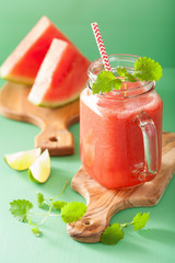 watermelon lime smoothie in mason jars