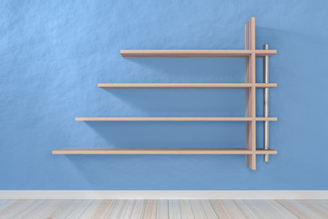 Empty interior light blue room white white shelf and wooden floo