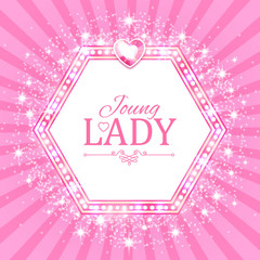 Fototapeta na wymiar Vector illustration. Cute Pink Banner for Princess, Glamour and Baby Girl Design. Shining Retro on Burst Background.