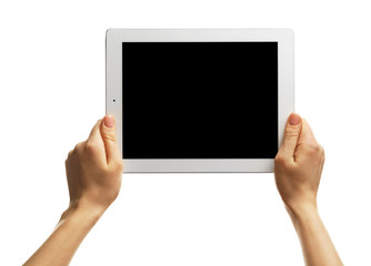 Female hands holding tablet isolated on white