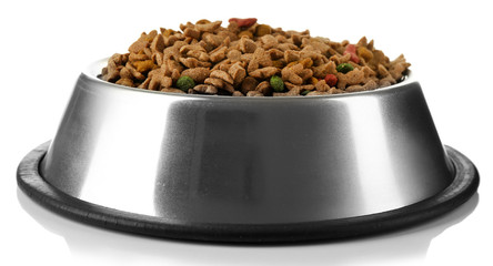 Dog food in metallic bowl on white background
