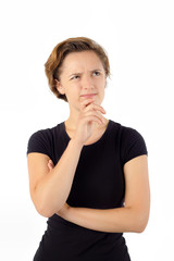 Young Woman Thinking. Hand on Chin. Isolated 