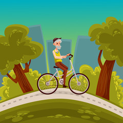 an elderly man with a beard riding a bicycle, vector cartoon comic illustration, healthy grandfather riding a bike around the city park, an old man goes in for sports in the city, cycling in the park