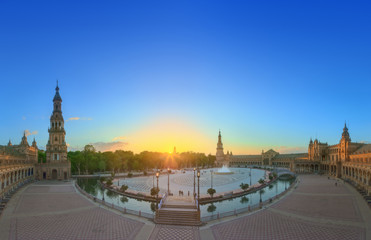 Fototapeta premium View of Spain Square on sunset, landmark in Renaissance Revival style, Seville, Spain