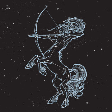 Rearing Centaur holding bow and arrow. Night sky background.
