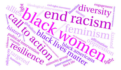 Black Women Word Cloud on a white background. 