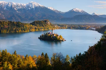 Fotobehang Panoramic view of Lake Bled from Mt. Osojnica, Slovenia © Noradoa