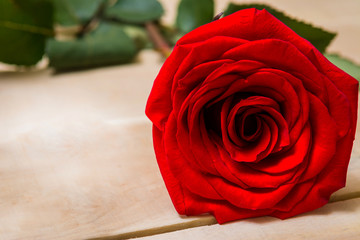 One flower of red roses lying on a wooden table