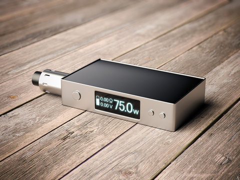Box mod e-cigarette with metal rda. 3d rendering