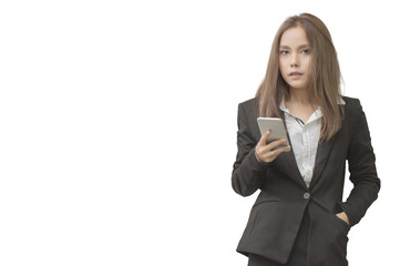 Beautiful Business Woman Fashion  Model in suit with cell phone isolated on white