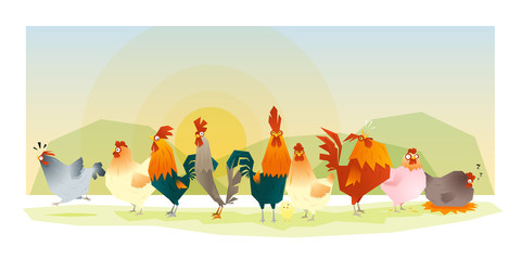 Animal background with chickens, vector, illustration